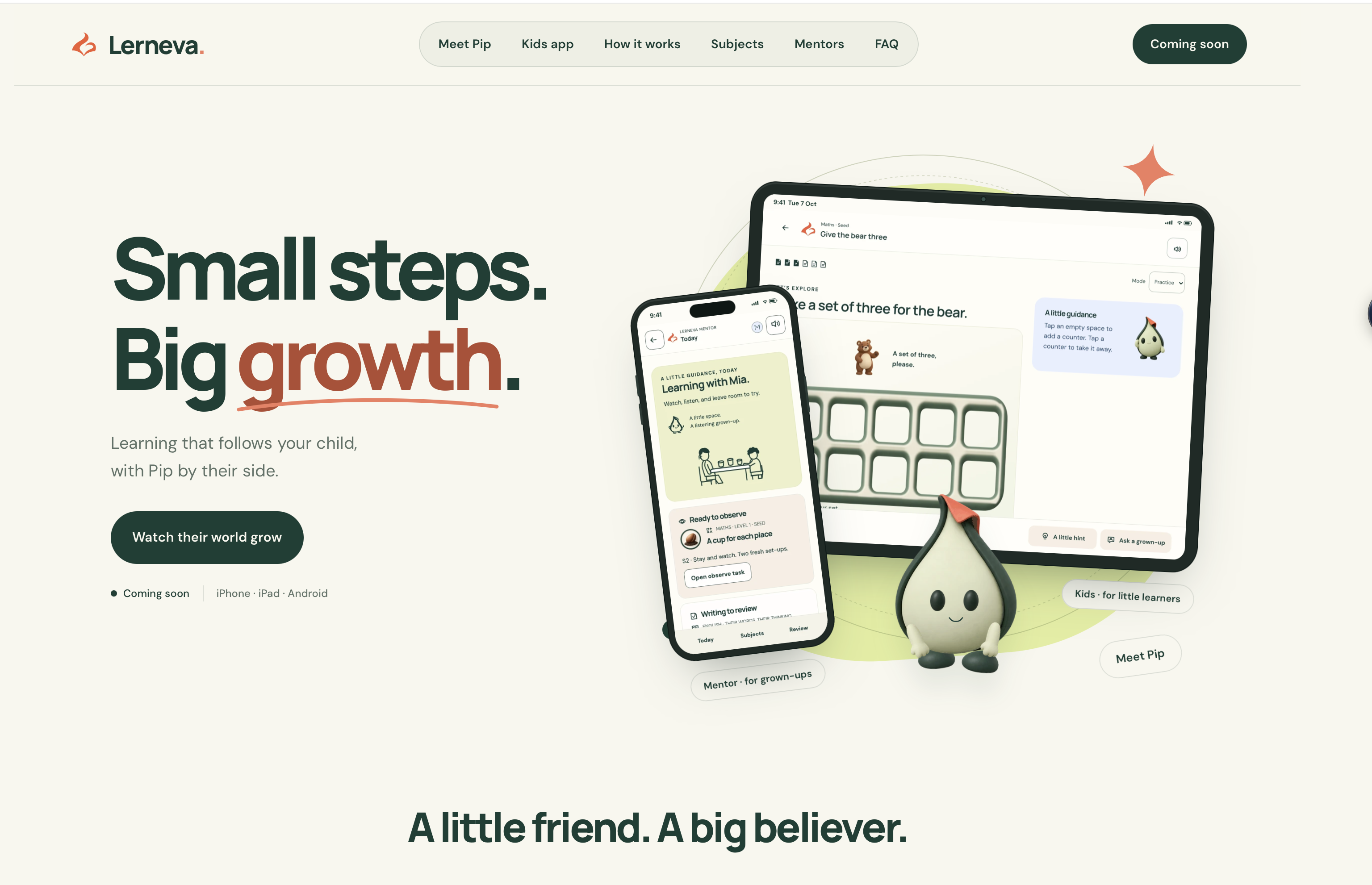 Lerneva’s cream and green website, with Pip beside the children’s learning app and mentor companion.