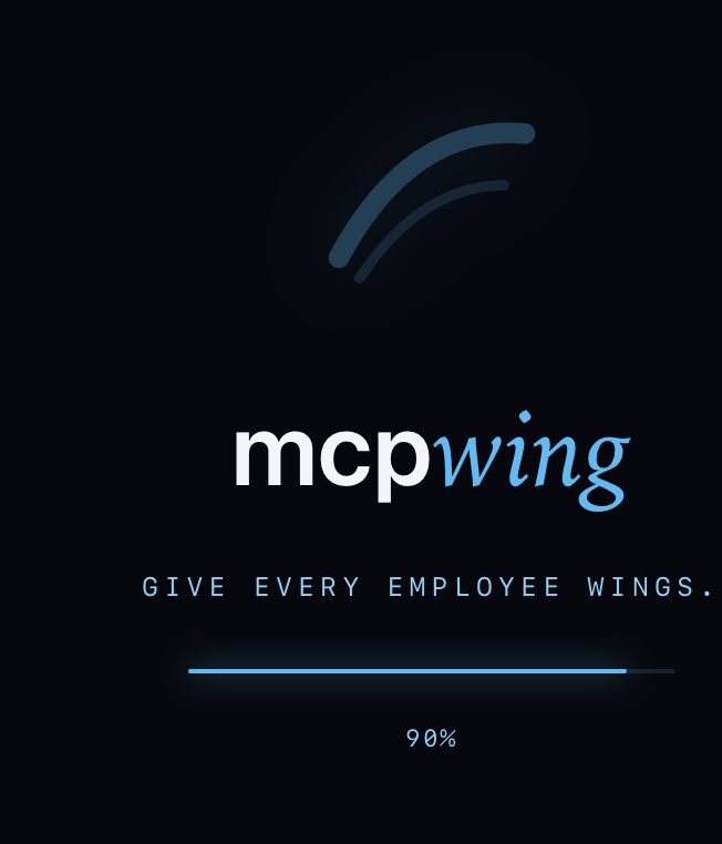 MCPWing’s curved wing symbol and white and cyan wordmark on black.